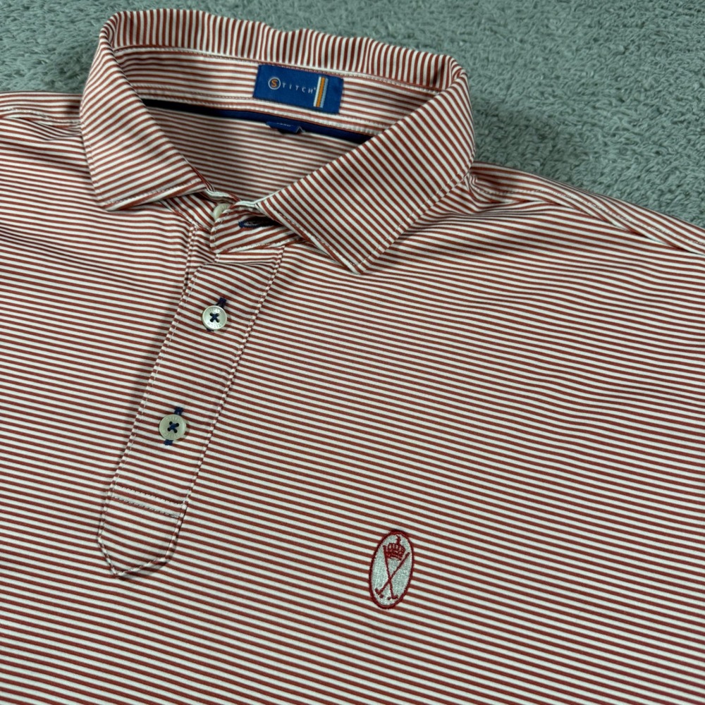 Stitch Golf Polo Mens XL Red White Striped Short Sleeve Crest Logo Performance